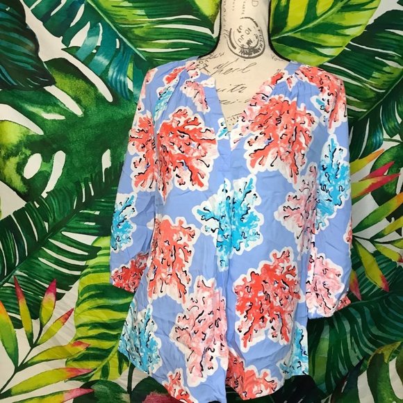NWT $59 Crown & Ivy Small Blue Coral Colorful Beach Nautical Summer Light Blouse - Picture 1 of 8